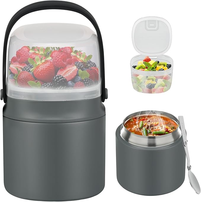 2 - in - 1 Soup Thermo for Hot Food 14oz with Snack Box Container Leak Proof Insulated Lunch Container Kids and Adults Stainless Steel Double Wall Vacuum Wide-mouth Thermal with Spoon and Handle