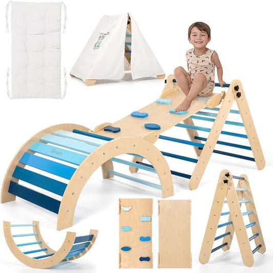 Pikler Triangle Set with Cushion, 8-in-1 Toddler Climbing Toys Indoor, Wooden Montessori Climbing Set with Arch Ramp,Ladder&Tent Cloth, Baby Indoor Climber Jungle Gyms for Toddlers Toy, Blue
