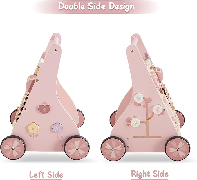 Beright Wooden Baby Walker Push and Pull Learning Activity Walker Kids’ Activity Toy Multiple Activities Center Develops Motor Skills & Stimulates Creativity(Pink)