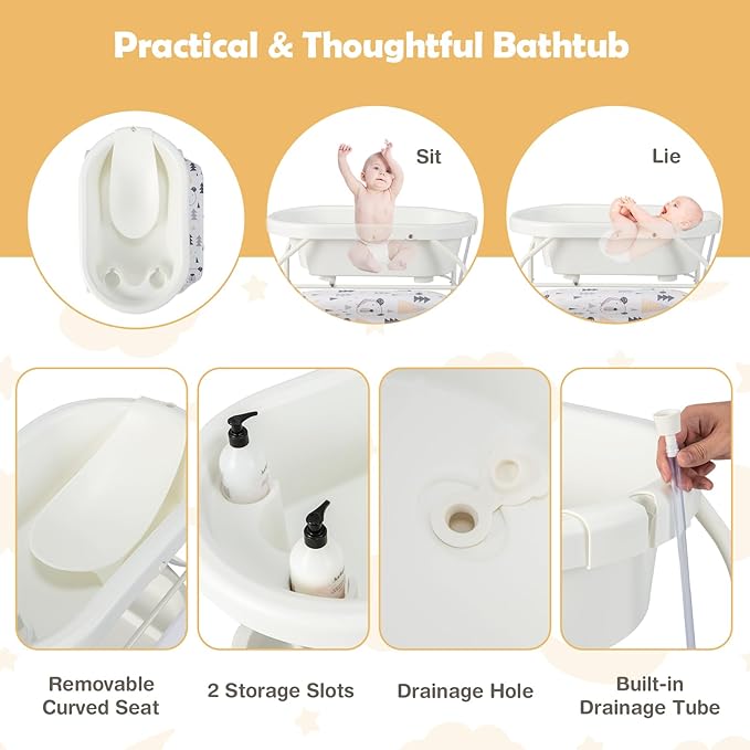 HONEY JOY Baby Changing Table with Bathtub, Foldable Infant Diaper Changing Station with Wheels, Storage Tray, Waterproof Pad, Portable Newborn Nursery Organizer Bath Stand for Boys Girls (White)