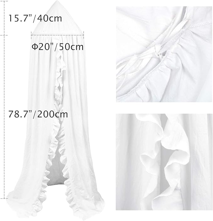 Bed Canopy with Frills Reading Nook Game Tent for Kids Boho Hanging Net Play Room Decor(White)