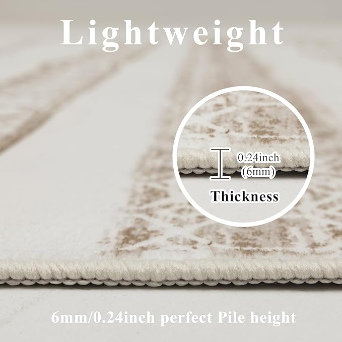 Washable Area Rugs 8x10, Large Rugs for Living Room, Carpet for Bedroom, Boho Soft Faux Wool Retro Dining Room (Beige) Rug, Non-Slip Backing Resistant Low Pile Vintage Print Rug for Home Office