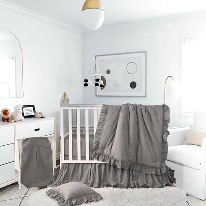 Brandream Baby Crib Bedding Set for Girls Boys Gender Neutral Boho Bohemian Farmhouse Chic Ruffle 6-Piece Nursery Bedding Set - 100% Washed Cotton Gray Grey