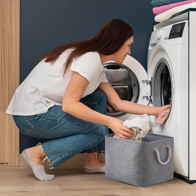 Storage Basket for Shelves - 17X15X12 inch 2 Pack Collapsible Storage Bin with Rope, Canvas Fabric Storage Cubes for Cloth Decorative Books Nursery (Grey)