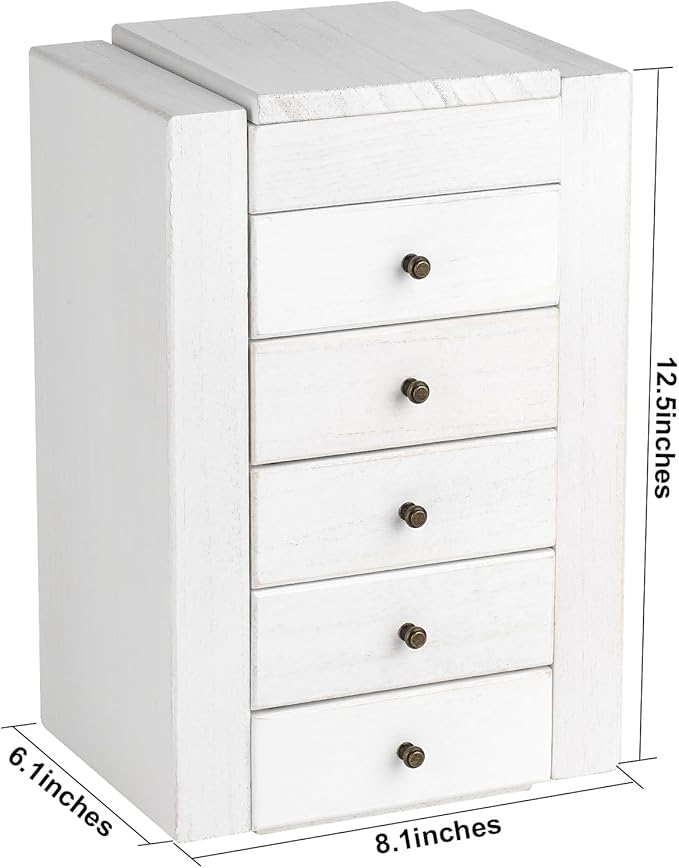 Meangood White Jewelry Box Wood for Women, 6-Layer Large Organizer Box with Mirror & 5 Drawers for Rings, Earrings, Necklaces, White