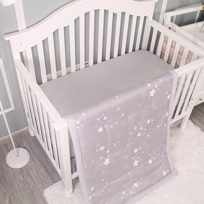 Belsden 3 Piece Crib Bedding Set for Baby Boys Girls, Classic Nursery Bedding Essential Including Comforter, Crib Sheet and Crib Skirt, Ultra Soft Cozy, Star Light Grey