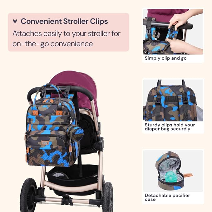 BabbleRoo Diaper Bag Backpack - Baby Essentials Travel Tote - Multi function Waterproof Diaper Bag, Travel Essentials Baby Bag with Changing Pad, Stroller Straps & Pacifier Case - Unisex, Blue Camo