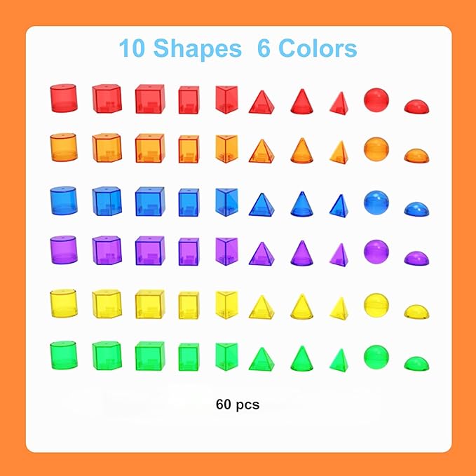 3D Geometric Solids 60 Pcs for Kids Translucent Geometric Shapes for Geometry Beginnings,Light Table Manipulatives Toy Math Helper School Supplies