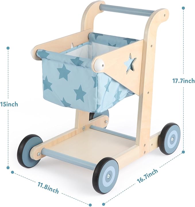 Asweets 2 in 1 Wooden Baby Walker Push and Pull Doll Stroller, Shopping Cart Learning Walker for Boys and Girls, Sit Stand Learning Toddler Toy (Blue)