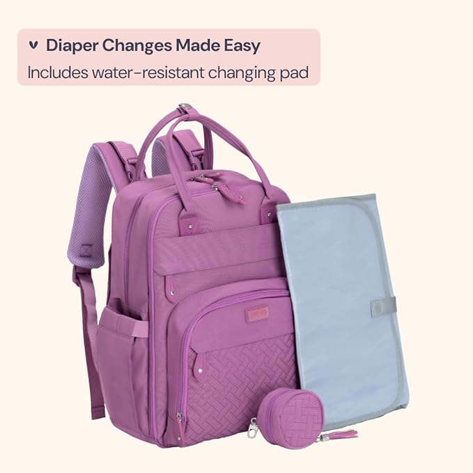 BabbleRoo Diaper Bag Backpack - Baby Essentials Travel Tote - Multi Function Waterproof Diaper Bag, Travel Essentials Baby Bag with Changing Pad, Stroller Straps & Pacifier Case - Unisex, Purple