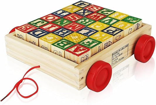 Wooden ABC Blocks with Pull Wagon, 30 Pieces, Educational Alphabet Learning Toy for Toddlers