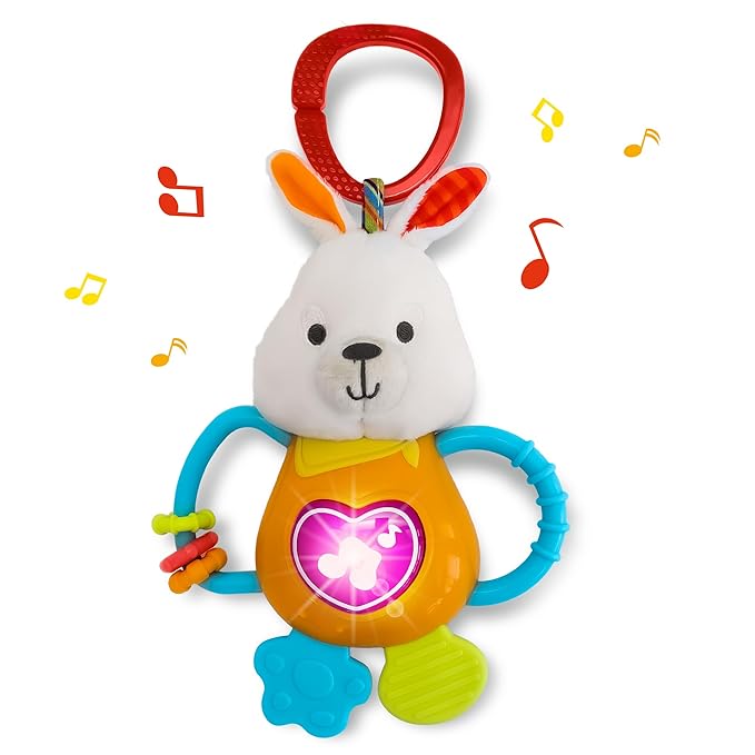 KiddoLab Bunny Teething & Rattle Musical Toy for Infants and Babies - Light-up, Sensory Chew & Interactive Toy for Infants - Baby Basket Stuffer for 3 Months and Up