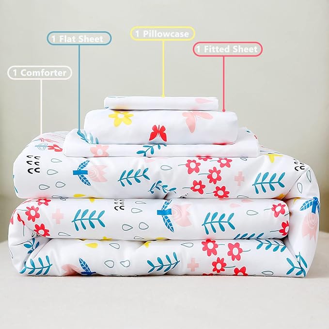 PERFEMET 5 Pieces Girls Bed in A Bag Full Size Reversible Pink Flowers Butterfly Comforter Set with Sheet Soft Lightweight Botanical Floral Bedding Set for Kids Teen(White, Full)