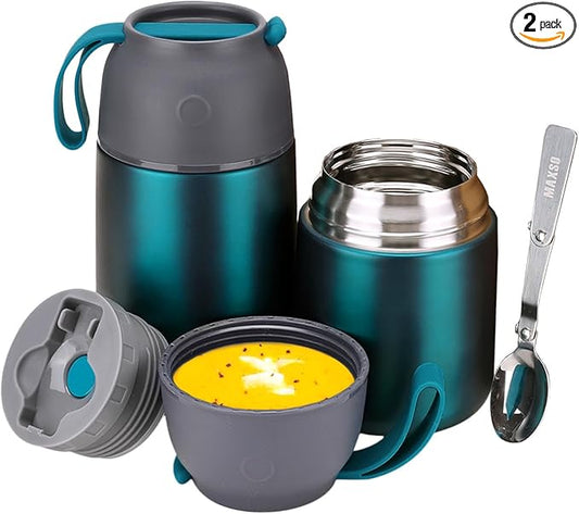 Insulated Thermo Food Jar for Hot & Cold Food for Kids Adult, 17&24 oz Soup Thermal Hot Food Containers for Lunch, Triple Layer Insulation Stainless Steel Food Jar with Spoon(2 Pack Green)