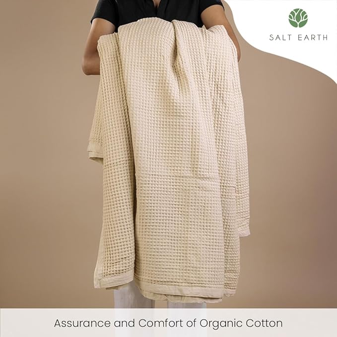 Salt Earth GOTS Certified 100% Organic Cotton Throw Blanket, 90" X 90" Waffle Blankets & Throws for Bed, Throw Blanket for Couch, Modern and Cozy Blanket, All Season, Comfy & Soft Blanket (Parchment)