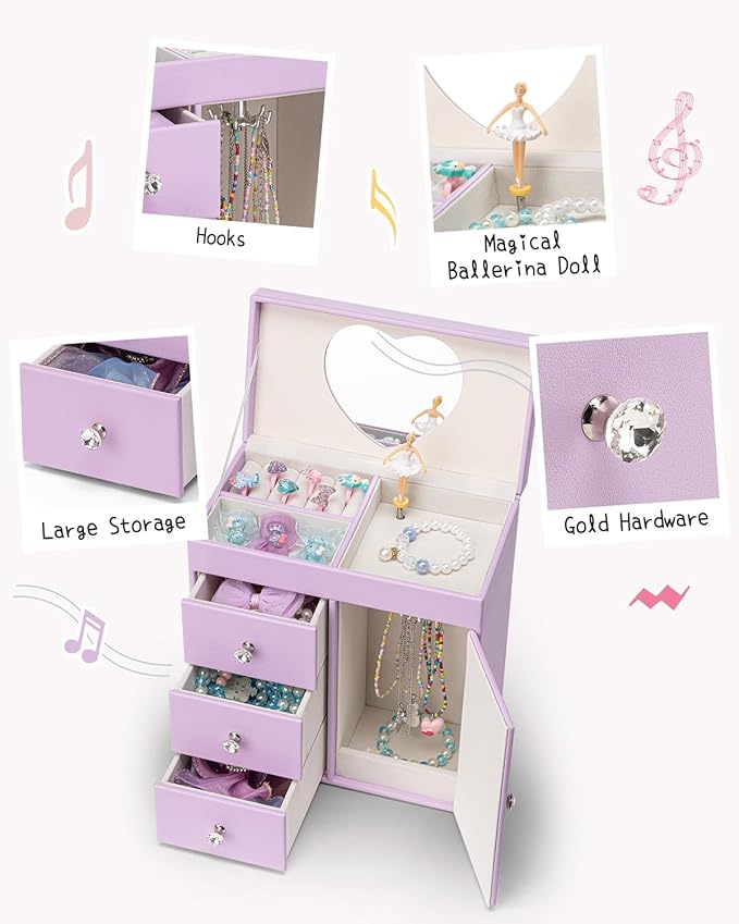 Vlando Musical Jewelry Box for Girls, Large Kid Music Box with Ballerina for Birthday Bedroom Decor, 4 Layer Girl Jewelry Gifts for Girls Kids - Purple