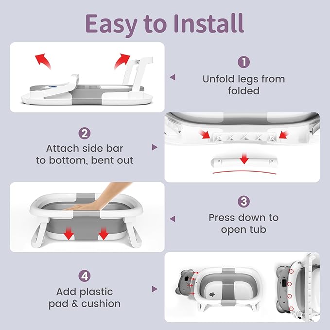 Collapsible Baby Bathtub for Newborn to Toddler (0-18 Month) - Portable Baby Bath Tub for Travel, Newborn Bathtub with Soft Towel and Floating Cushion (Gray)