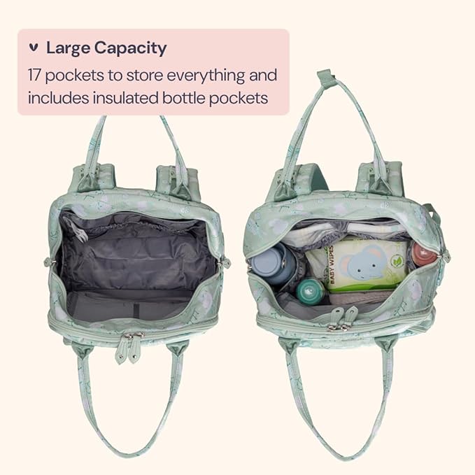 BabbleRoo Diaper Bag Backpack - Baby Essentials, Travel Essentials Baby Bag with Changing Pad, Stroller Straps & Pacifier Case - Unisex, Green Birdy