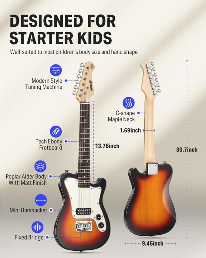 Donner 30 Inch Kids Electric Guitar Beginner Kit TL Style Mini Electric Guitar for Kids with Amp, 600D Bag, Tuner, Picks, Cable, Strap and Extra Strings, DTJ-100S, Sunburst