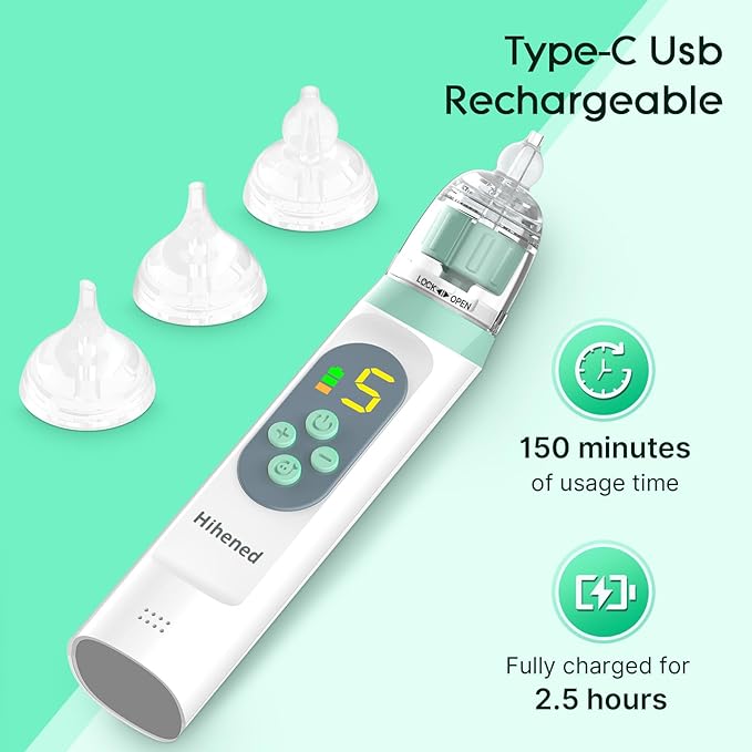 Electric Nasal Aspirator for Baby, Nose Aspirator for Toddlers, Waterproof Baby Nose Sucker, Nose Cleaner with 3 Silicone Tips, Adjustable Suction Level, Music and Light Soothing Function,Green