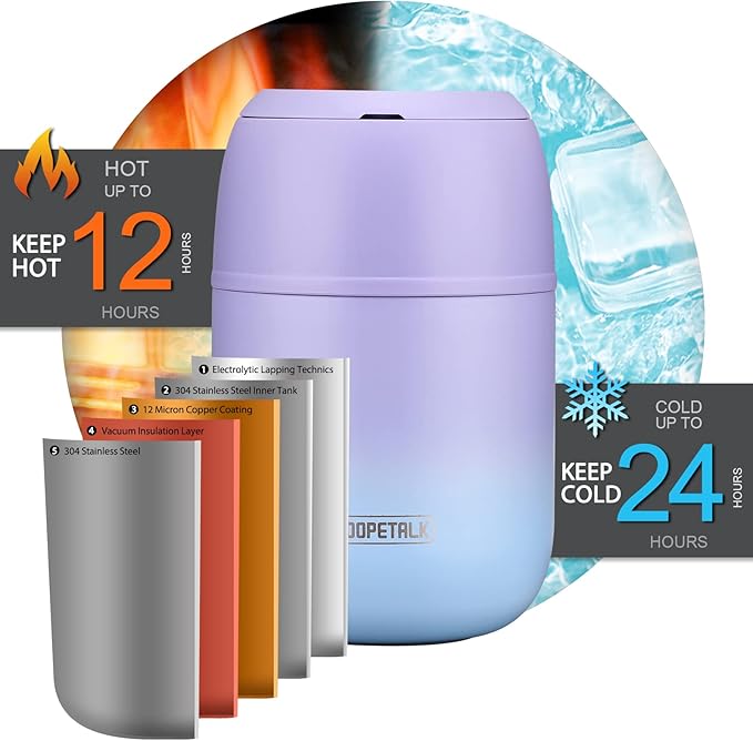 17 oz Insulated Lunch Containers Hot Food Jar, Wide Mouth Lunch Thermo for Hot Food Kids Adults, Vacuum Stainless Steel Thermo Lunch Box With Handle Folding Spoon for School, Office(Purple blue)