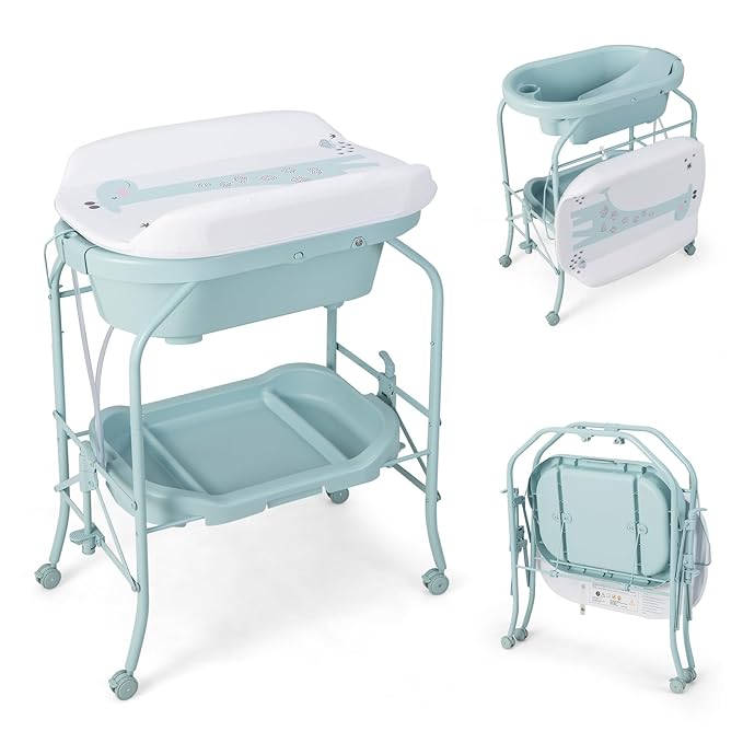 HONEY JOY Baby Changing Table with Bathtub, Foldable Infant Diaper Changing Station with Wheels, Storage Tray, Waterproof Pad, Portable Newborn Nursery Organizer Bath Stand for Boys Girls (Blue)