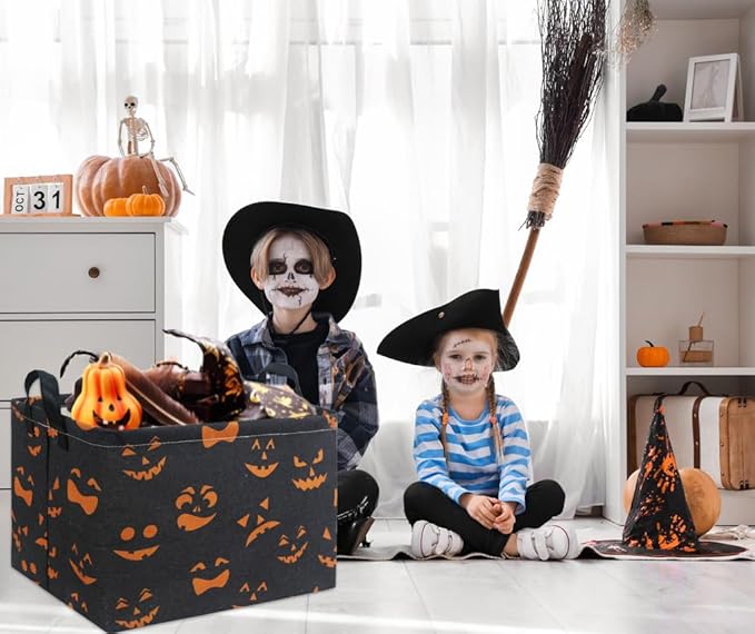 HIYAGON Rectangular Halloween Basket for Boys and Girls Kids Trick or Treat Pumpkin Basket for Halloween Parties Cute Storage Bin Organizer Box Room Decor(Black Pumpkin)