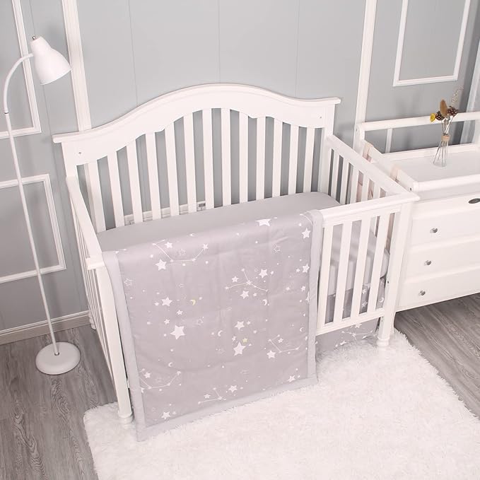 Belsden 3 Piece Crib Bedding Set for Baby Boys Girls, Classic Nursery Bedding Essential Including Comforter, Crib Sheet and Crib Skirt, Ultra Soft Cozy, Star Light Grey