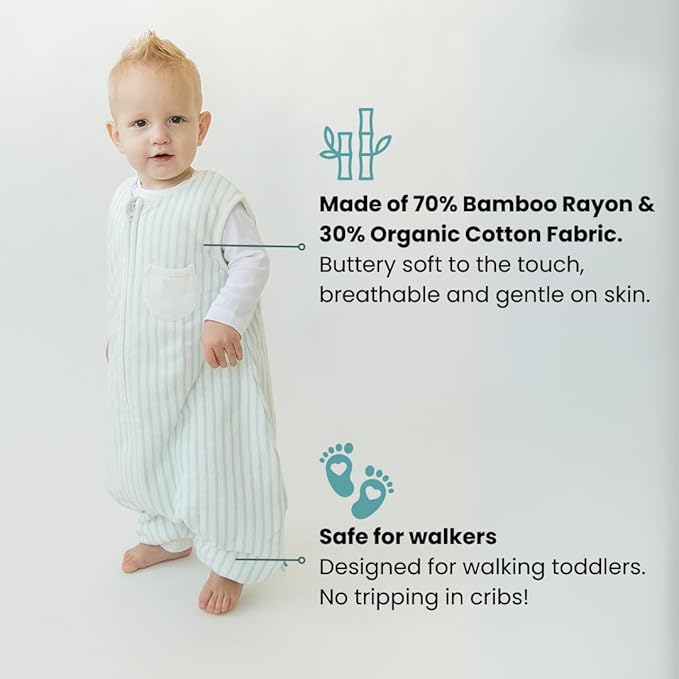 Tealbee Dreamsuit: Toddler Sleep Sack with Feet 3T 4T - 1.5 TOG Winter Baby Wearable Blanket for Walkers - Rayon made from Bamboo, Cotton Sleep Bag - Minty Stripes