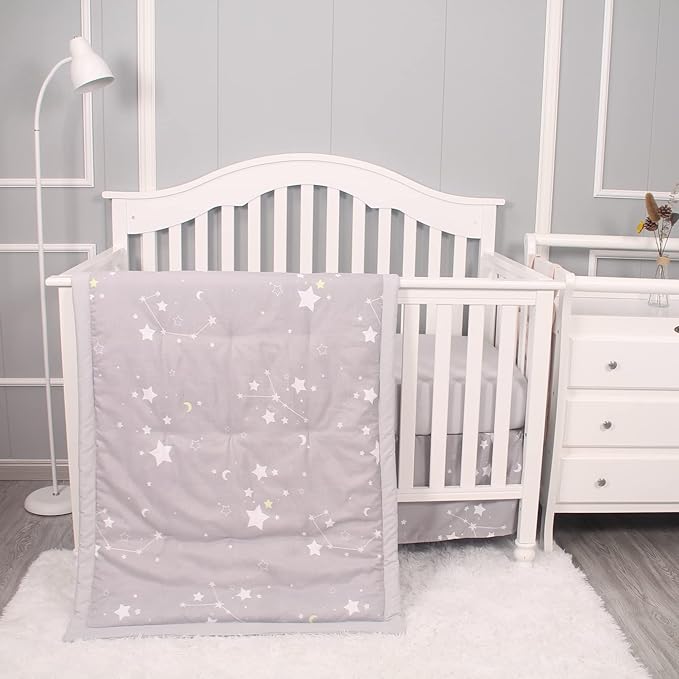 Belsden 3 Piece Crib Bedding Set for Baby Boys Girls, Classic Nursery Bedding Essential Including Comforter, Crib Sheet and Crib Skirt, Ultra Soft Cozy, Star Light Grey
