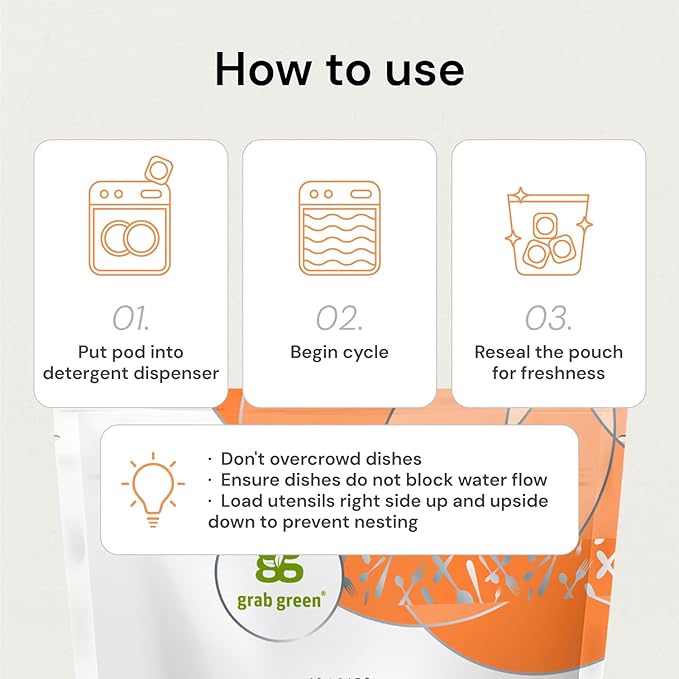 Grab Green Automatic Dishwashing Detergent Pods, 132 Count, Tangerine Lemongrass Scent, Plant and Mineral Based, Superior Cleaning, Powerful Grease Removal, Brilliant Shine