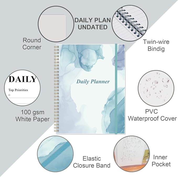 Daily Planner Undated - 8.5" x 11" To Do List Notebook Hourly Schedules, 150 Sheets/300 Pages Spiral Appointment Planner for Women and Men ,PVC Hardcover, Inner Pocket, Elastic Closure, Blue