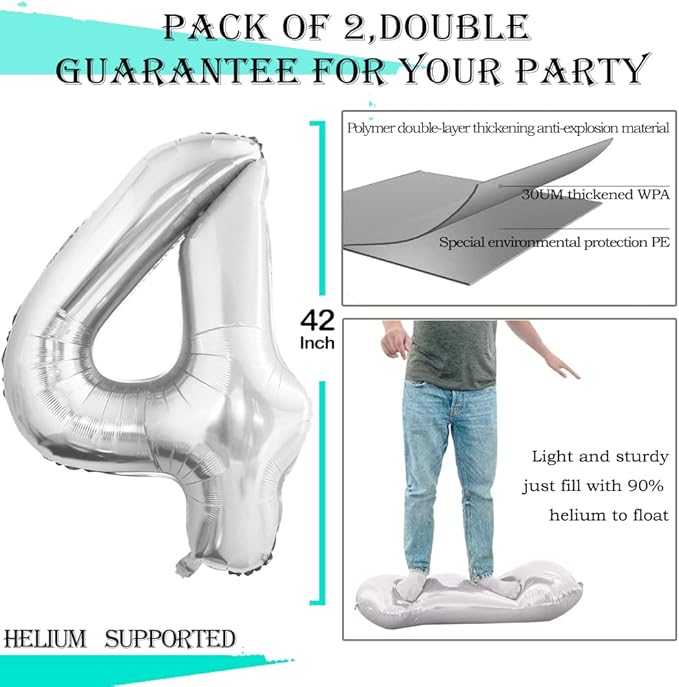 GOER Silver Foil Balloons Number 4,Huge Number Balloons for 4th Birthday Party Supplies Anniversary Decorations(3 pcs,42 inch,32 inc,16inch)