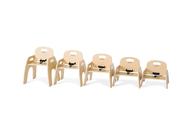 Foundations Simple Sitter Low Wood Feeding Chairs Multipack, Wide No-Tip Base, Adjustable Safety Harness, Stackable Wood Toddler Chairs with Food Service Grade Finish, 2 Pack (9 inch)