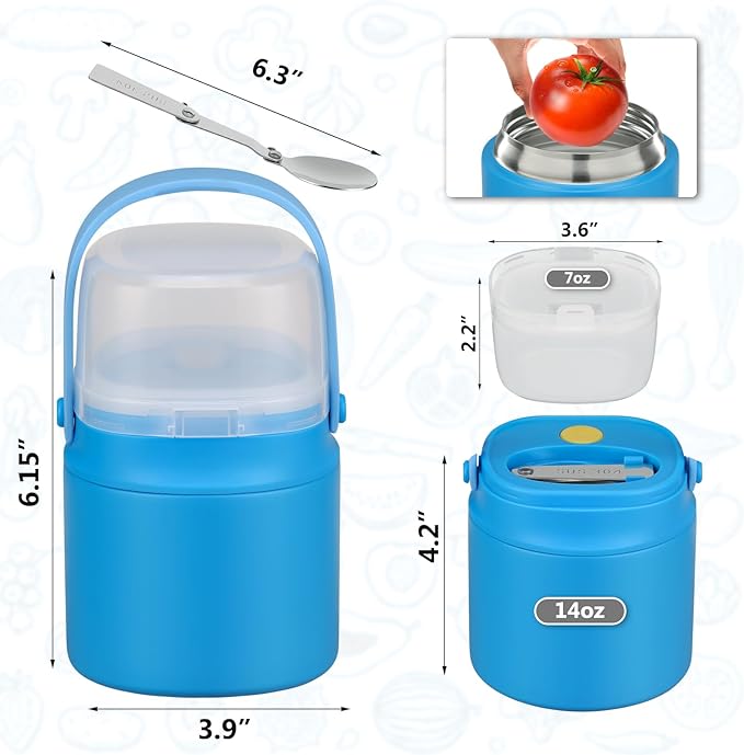 2 - in - 1 Soup Thermo for Hot Food 14oz with Snack Box Container Leak Proof Insulated Lunch Container Kids and Adults Stainless Steel Double Wall Vacuum Wide-mouth Thermal with Spoon and Handle