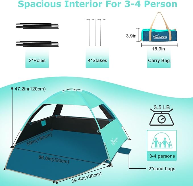 COMMOUDS Beach Tent Sun Shade for 3/4-5/6-7/8-10 Person, UPF 50+ Beach Sun Shelter Canopy Tent, Lightweight, Easy Set Up and Carry