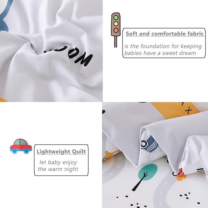 PERFEMET 4 Pcs Toddler Bedding Set - Soft Reversible Cars, Bus, Trucks Print Toddler Bed Set for Boys & Girls - Matching Sheet Set (Light Grey, Taxis/Bus/Trucks)