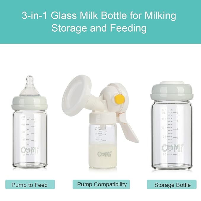 COMI Wide Neck Glass Breastmilk Collection n Storage Bottle, 4 Packs, 6oz with Screw Ring Sealing Disk; Re-markable Sealing Disc. BPA Free, Fits Breast Pumps & Nipples (2 Gray Lids + 2 Pink Lids)