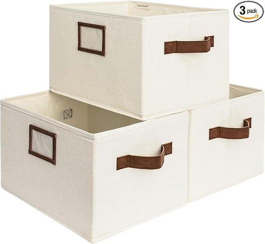 StorageWorks Storage Baskets for Shelves, Foldable Fabric Closet Storage Bins with PU Handles, Fabric Storage Bins Clothes Organizer, Ivory White, 3-Pack, Large