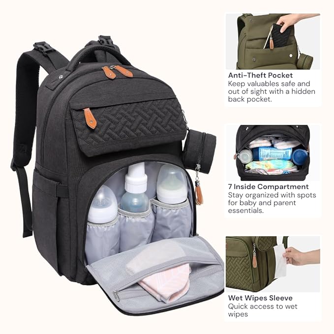 BabbleRoo Diaper Bag Backpack, Travel Backpack with Changing Pad, Pacifier Case & Stroller Straps, Multifunction, Waterproof, Unisex – Black