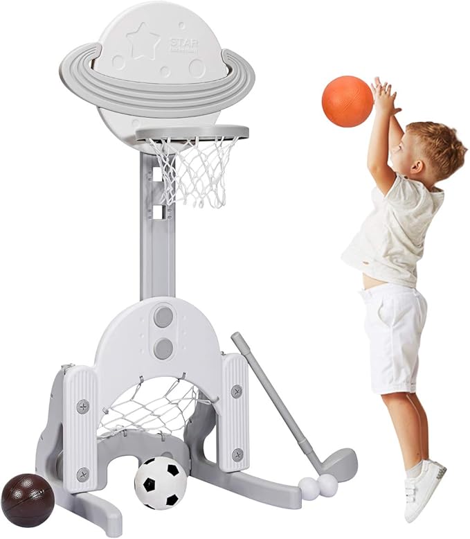 Costzon Kids Basketball Hoop, Toddler Sports Activity Center with 5 Adjustable Height Levels, Basketball Soccer Golf Game Set, Indoor Outdoor Basketball Hoop Set Best Gift for Baby Infant
