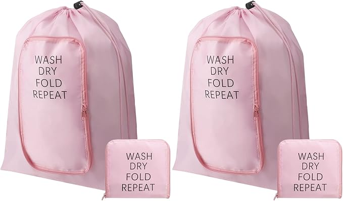 2 Pcs Travel Laundry Bag Washable Dirty Clothes Bag with Drawstring and Zipper for Suitcase, 22 x 18 Inch (Pink,Classic)
