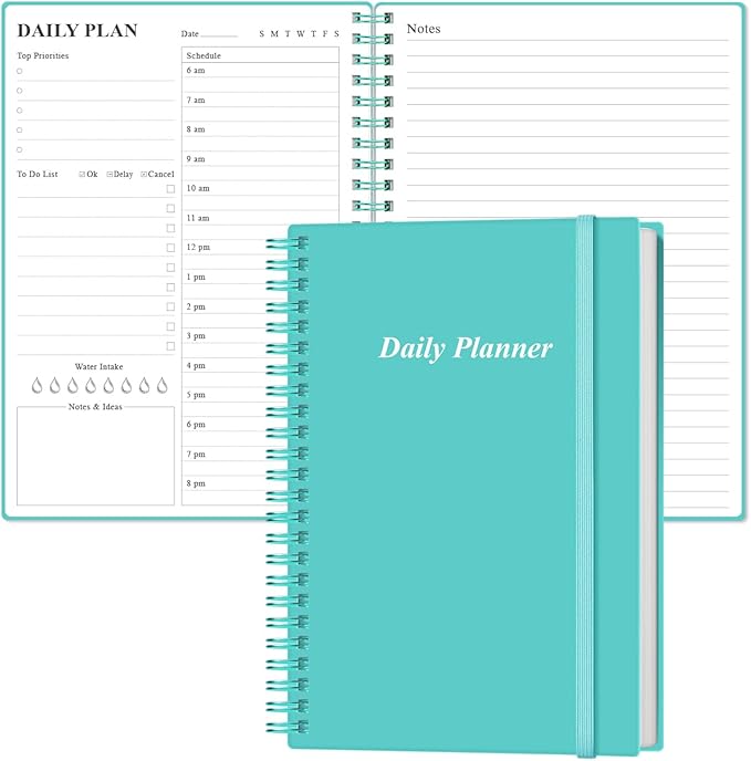 Daily Planner Undated - A5 To Do List Notebook Hourly Schedules, Spiral Appointment Planner for Women and Men, PVC Hardcover, Inner Pocket, Elastic Closure, 5.8" x 8.3", Teal