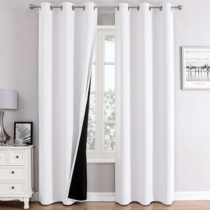 ChrisDowa 100% Blackout Curtains 78 inch Long for Bedroom with Black Liner, 2 Thick Layers Total Blackout Thermal Insulated Grommet Window Curtains 2 Panels Set (Pure White, 42 x 78 Inch)