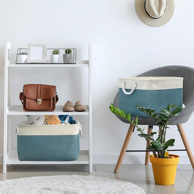 Storage Basket for Organizing - 17X15X12 inch 2 Pack Canvas Storage Bin for Shelves, Fabric Storage Cubes for Cloth Decorative Books Nursery (White & Green)