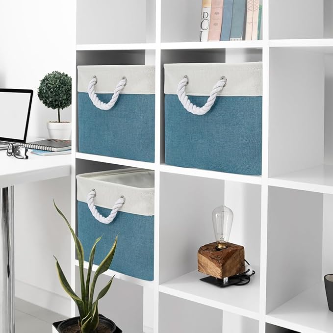 Storage Basket for Organizing - 17X15X12 inch 2 Pack Canvas Storage Bin for Shelves, Fabric Storage Cubes for Cloth Decorative Books Nursery (White & Green)