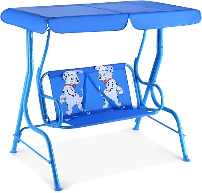 GLACER Porch Swing, Kids Patio Hammock w/Adjustable Canopy & Stand, Safety Belt, 2 Seats Outdoor Swing Bench, Metal Frame Hanging Lounge Chair, Swing Sets for Backyard, Garden, Poolside (Blue Puppy)