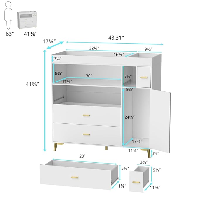 PakaLife Changing Table with Drawers, White Drawer Dresser,Changing Table Dresser with 5 Drawer & Cabinet…