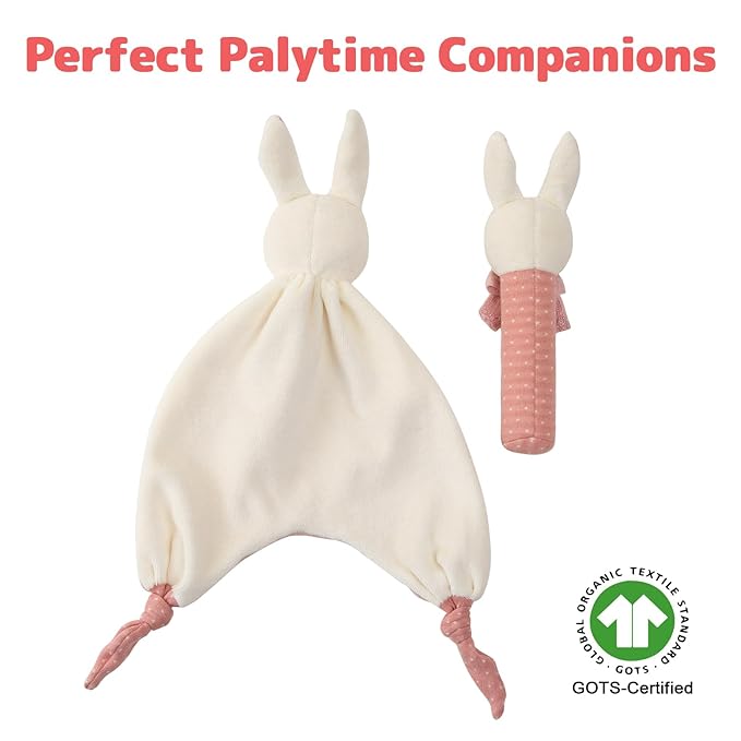 Organic Cotton Stuffed Animal Rattle Baby Toys, Hand Grip Rattle Squeaker Sticks Toys, Bunny Cuddle Cloth and Ring Rattle Plush Toy Set for Newborns Infant Boys Girls, 2 PCS