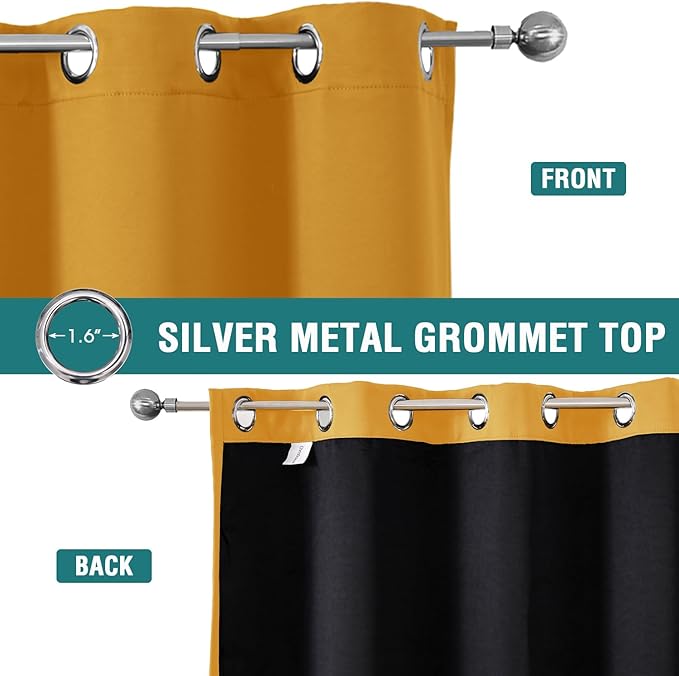 ChrisDowa 100% Blackout Curtains for Bedroom with Black Liner, 2 Thick Layers Total Blackout Thermal Insulated Grommet Long Window Curtains 2 Panels Set (Mustard Yellow, 52 x 95 Inch)